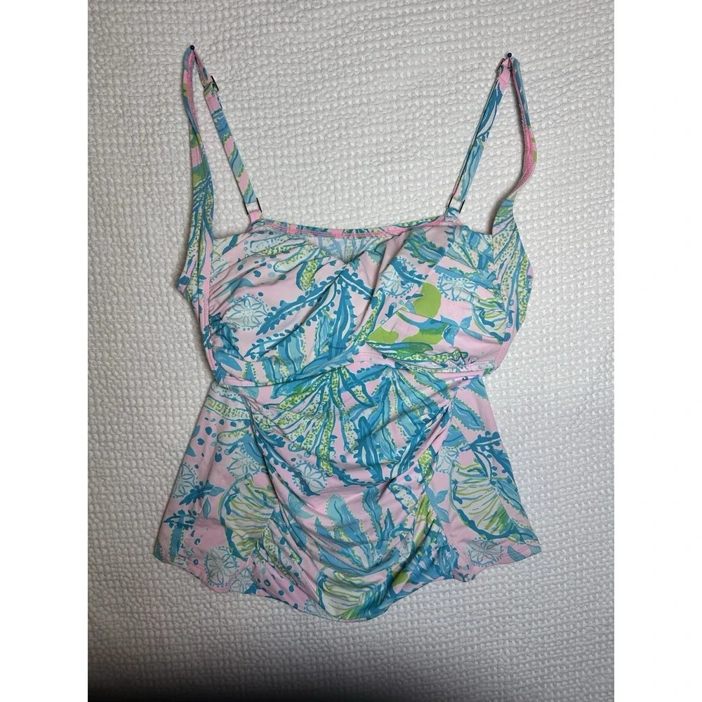 Lilly Pulitzer Womens Swim Tankini Top Size 10 Pink Blue Floral Ruched Cups